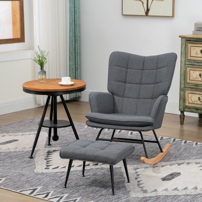 HOMCOM Fauteuil à bascule avec repose-pieds, rocking chair, assise large, dossier haut, coussin inclus, 64 x 89 x 90 cm, gris