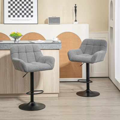 HOMCOM Taburetes de Bar 2 Piezas Diseño Retro Ajustable en Altura Tela con Aspecto de Terciopelo Gris + Negro