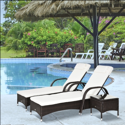 Outsunny 3 Pieces Patio Lounge Chair Set, Garden Wicker Wheeling Recliner Outdoor Daybed, PE Rattan Lounge Chairs for Outside with Cushions & Side Coffee Table for Backyard, Poolside, Brown