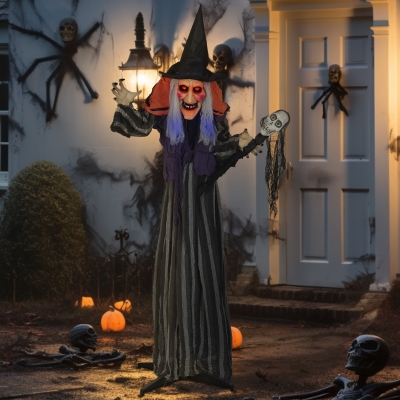 Outsunny 160 cm Halloween Decoratie Halloween Heks met LED-Lichten, Geluidfunctie Verstelbare Armen, Lichaam