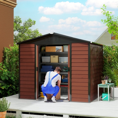 Outsunny Cobertizo de Jardín Exterior 4,4 m² 240x206x198 cm con Base Puerta Corredera y Cerradura Armario para Jardín Teca