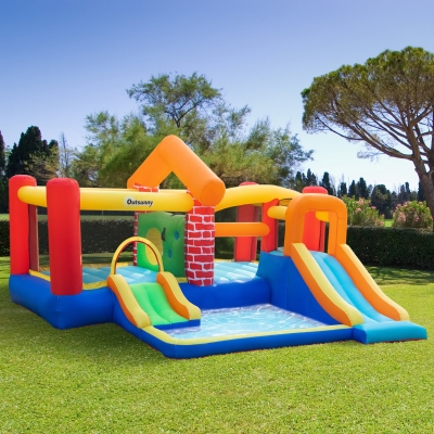 Outsunny Castillo Hinchable con 2 Toboganes 2 Camas de Salto y Piscina para Niños +3 Años Incluye Inflador y Bolsa de Transporte para Interior Exterior 380x370x230 cm Multicolor