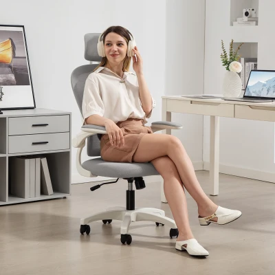 HOMCOM Ergonomiczny Fotel Biurkowy z Siatkowym Oparciem, Wysokość Regulowana, Składane Podłokietniki, 5 Kółek, Funkcja Bujania, Szary