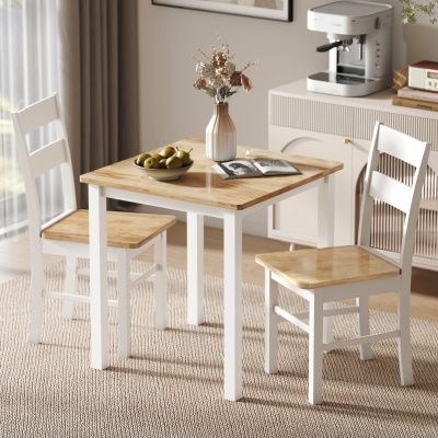 HOMCOM Set van 2 Keukenstoelen, Rubberhout, Gebogen Lattenrugleuning, Wit