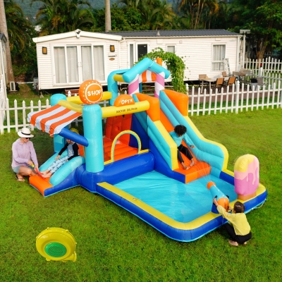 Chateau gonflable pour enfants avec toboggan aquatique et trampoline, Bleu