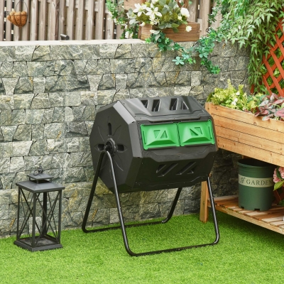 Outsunny Garden Compost Bin Dual Tumbler Rotating Outdoor Composter with Sliding Doors