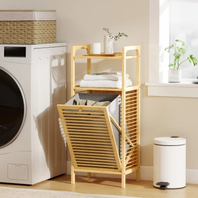 HOMCOM Armario de Baño Estrecho de Bambú con 2 Estantes Abiertos Cesto Extraíble y Diseño con Listones 40x30x95 cm Natural