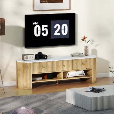 HOMCOM TV-Schrank 140 cm, TV-Möbel für 65-Zoll-Fernseher mit Marmoreffekt, 3 gerillten Schubladenfronten, Naturholzeffekt