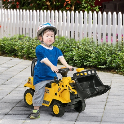 HOMCOM Excavadora para Niños de 18 a 48 Meses con Pala Delantera Bocina Volante y Compartimento Oculto 80x26,5x39 cm Amarillo