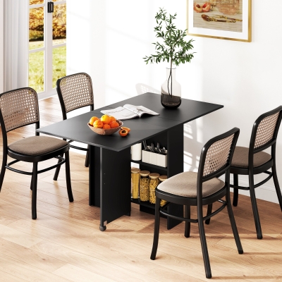 HOMCOM Mesa de Cocina Plegable con 2 Ruedas 2 Estantes de Almacenaje y 2 Alas Abatibles Estilo Moderno 75x140x74 cm Negro