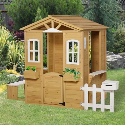 Outsunny Casita Infantil Exterior de Madera con Buzón Ventanas Jardinera Mostrador y Banco para Niños a Partir de 3 Años Natural