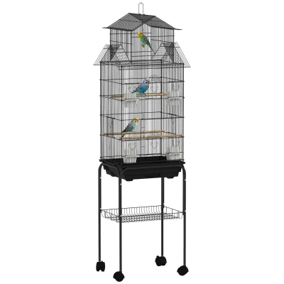 PawHut Gabbia per uccelli design casa mangiatoie posatoi porte vassoio escrementi amovibile maniglia trasporto 50,5x41x163cm nero