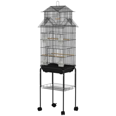 PawHut Cage à oiseaux sur pied, volière sur roulettes avec balançoire, support, design maison, 50,5 x 41 x 163 cm en acier noir