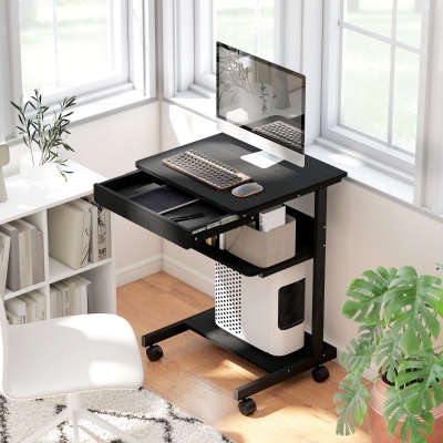 HOMCOM Escritorio PC con Cajón Deslizable, 2 Estantes y 4 Ruedas, en Madera y Metal, 56x51x79 cm, Negro