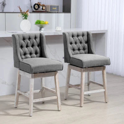 HOMCOM Juego de 2 Taburetes de Bar con Respaldo Taburetes Altos de Cocina Giratorios 180° Patas de Madera 46x57x101 cm Gris