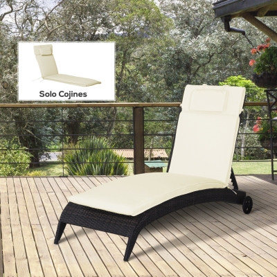 Outsunny Cojín para Tumbona de Exterior 198x53x5 cm Desenfundable y Lavable con Reposacabezas Extraíble Colchoneta Plegable de Algodón para Silla Reclinable de Jardín Crema