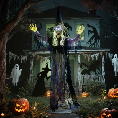 Outsunny 183cm Halloween Dekoration Hängende Halloween Hexe mit LED-Lichter, Soundfunktion verstellbare Arme, Mund