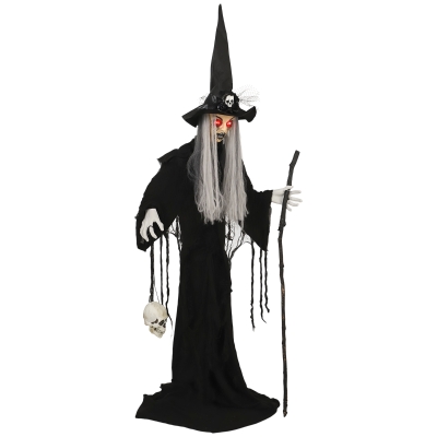 Outsunny 170 cm Halloween Decoratie Halloween Heks met LED-lichten, Geluidsfunctie verstelbare Armen, Hoofd