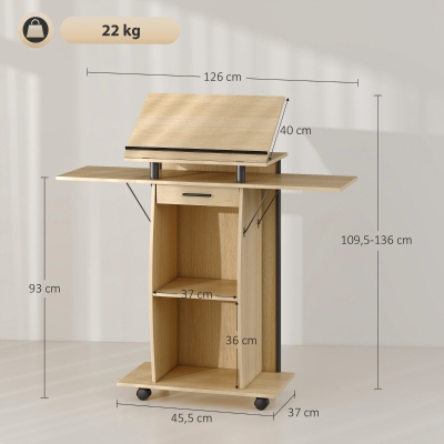 HOMCOM Podium Roulant avec Tiroir et Étagères Aspect Chêne