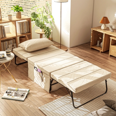 HOMCOM Sillón Cama Tapizado en Lino con Respaldo Ajustable de 5 Niveles Almohada Acolchada 75x80x74 cm Crema