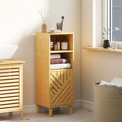 HOMCOM Armario de Baño Estrecho Mueble Auxiliar de Baño con 2 Estantes Abiertos Puerta y Patas de Bambú 32x30x90 cm Natural