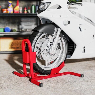 HOMCOM Caballete de Moto Carga 250 kg Soporte para Rueda Delantera de Moto Ajustable en 3 Niveles 60x55x43 cm Rojo
