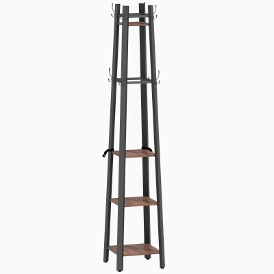 HOMCOM Perchero con 4 Estantes, Perchero Independiente, 8 Ganchos, 4 Estantes, Estilo Industrial, Metal, Tablero de Partículas, Marrón