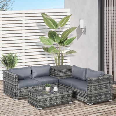 Outsunny 6PC Rattan Corner Sofa Set Wicker 4 Seater Garden Storage Coffee Table Conversation Ottoman Outdoor Weave Furniture w/ Cushion Grey