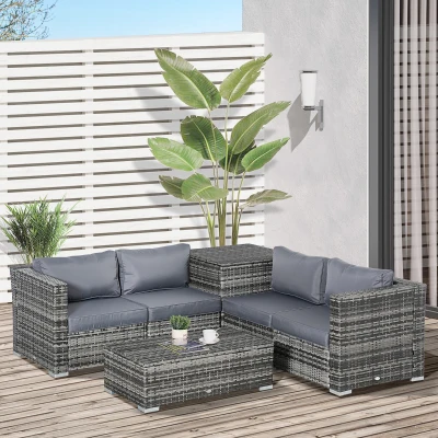Outsunny 6PC Rattan Corner Sofa Set Wicker 4 Seater Garden Storage Coffee Table Conversation Ottoman Outdoor Weave Furniture w/ Cushion Grey