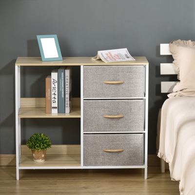 HOMCOM Cajonera de Tela Cómoda de Tela con 3 Cajones Plegables y 2 Estantes Abiertos 80x29x71 cm Natural y Gris Claro