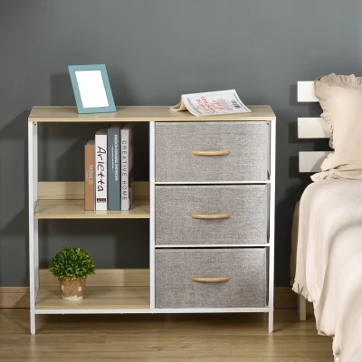 HOMCOM Cajonera de Tela Cómoda de Tela con 3 Cajones Plegables y 2 Estantes Abiertos 80x29x71 cm Natural y Gris Claro