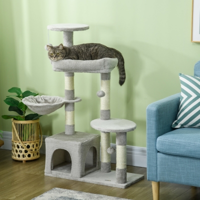 PawHut Rascador para Gatos Altura 104 cm Árbol para Gatos con Postes de Sisal Cueva Plataformas y Bolas Colgantes Gris Claro