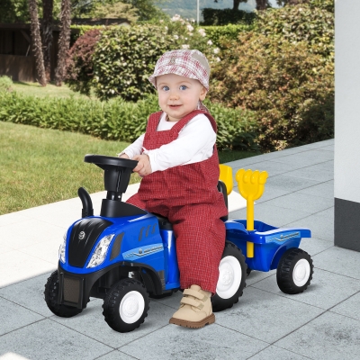 HOMCOM Porteur tracteur enfants avec coffre amovible, râteau et pelle, voiture enfants avec lumière LED et klaxon, bleu