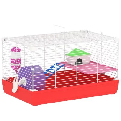 PawHut Gaiola para Hamster com Comedouro Bebedouro Rampa Ropa de Exercício para Pequenos Animais 47x30x27cm Branco e Vermelho