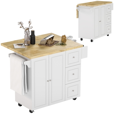 Chariot De Service Cuisine 3 Tiroirs Avec Plateau - Rangement Mobile | Roulettes, Plan De Travail Bois | Blanc