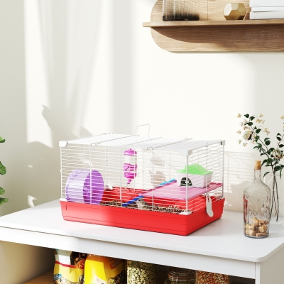 PawHut Jaula para Hámster con Plataforma con Caseta Comedero Bebedero y Rueda de Ejercicio 47x30x27 cm Blanco y Rojo