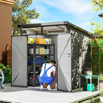 Outsunny 1,9 x 1,9 m Tuinschuur, Opslagschuur uit Kunststof, met Afsluitbare Deuren, 2 Ventilatieopeningen, Lichtgrijs