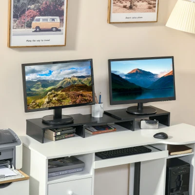 Vinsetto Dual Monitor Stand Riser, Monitor Stand for Desk with Adjustable Length and Angle, 3 Shelf Screen Stand for Laptop, Computer, Black