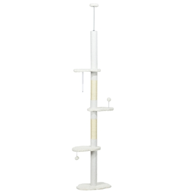 PawHut Árbol Rascador para Gatos de Suelo a Techo Ajustable con 3 Plataforma de Forma de Nube y 2 Bolas 48x32x225-255 cm Blanco