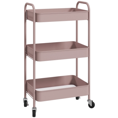 HOMCOM Chariot de Service à Roulettes 3 Plateaux Acier Rose