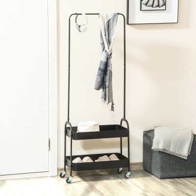 HOMCOM Movable Coat Rack, Metal Clothes Rack on Wheels with Shoe Storage, Clothing Rail, Freestanding Coat Stand for Entryway, Black