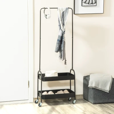 HOMCOM Movable Coat Rack, Metal Clothes Rack on Wheels with Shoe Storage, Clothing Rail, Freestanding Coat Stand for Entryway, Black