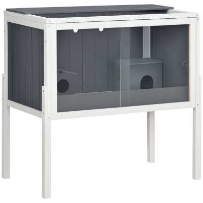 PawHut Wooden Hamster Cage with Shelf & Two Huts - Grey