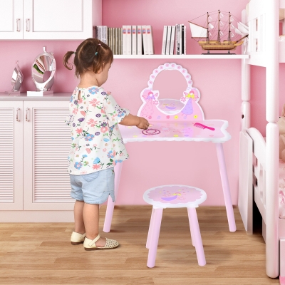 HOMCOM Kids Dressing Table Girls Pink Wooden Dressing Table & Stool Make Up Desk Chair Toys Fairy Dresser Play Set w/Mirror