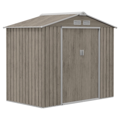 Outsunny Cobertizo de Jardín 2,42 m² 213x130x185 cm con 2 Puertas Corredizas Techo Inclinado y 4 Ventanas Efecto Madera