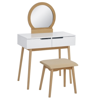 Coiffeuse Scandinave Blanc Pin Clair Miroir 2 Tiroirs