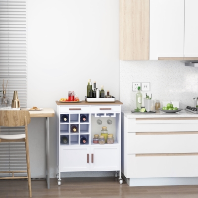 HOMCOM Rolling Kitchen Cart, Kitchen island with 9-bottle Wine Rack, Glass Holder, Serving Trolley with Wood Top, Drawer and Cabinet, White