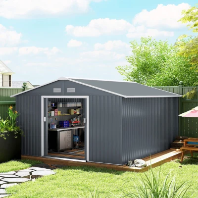 Outsunny Cobertizo de Jardín 12,4 m² 340x386x200 cm con 2 Puertas Corredizas Base Refuerzo (Suelo NO Incluido) Gris Oscuro