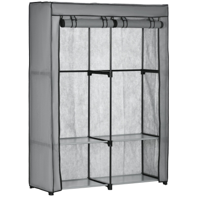 HOMCOM Fabric Wardrobe Steel Frame with Rail & Shelves - Grey