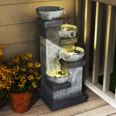 Outsunny 85 cm Outdoor Fontein, 4-Verdiepingen Sierfontein, Kunstmatige Waterval met LED-verlichting en Pomp, Grijs